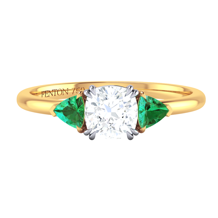 Naturally Mined Diamond Trilogy Cushion Cut Diamond and Emerald 18k Yellow Gold Ring