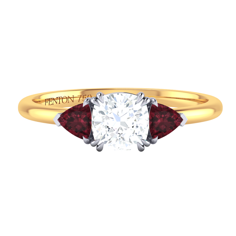 Naturally Mined Diamond Trilogy Cushion Cut Diamond and Garnet 18k Yellow Gold Ring