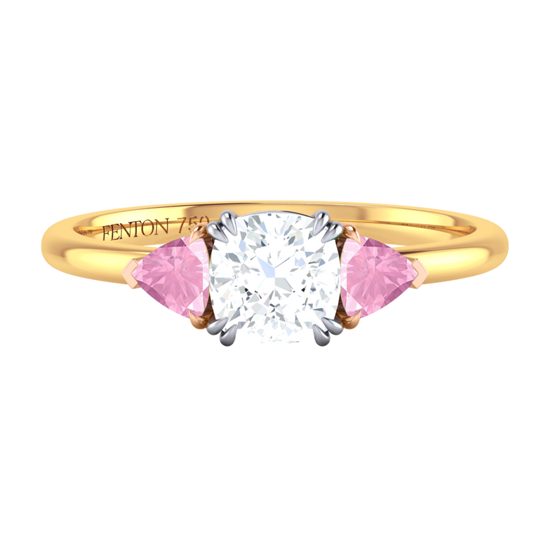 Lab Grown Solar Diamond Trilogy Cushion Cut Diamond and Pink Sapphire 18k Yellow Gold Ring