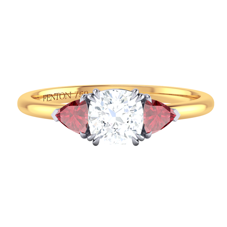Lab Grown Diamond Trilogy Cushion Cut Diamond and Ruby 18k Yellow Gold Ring