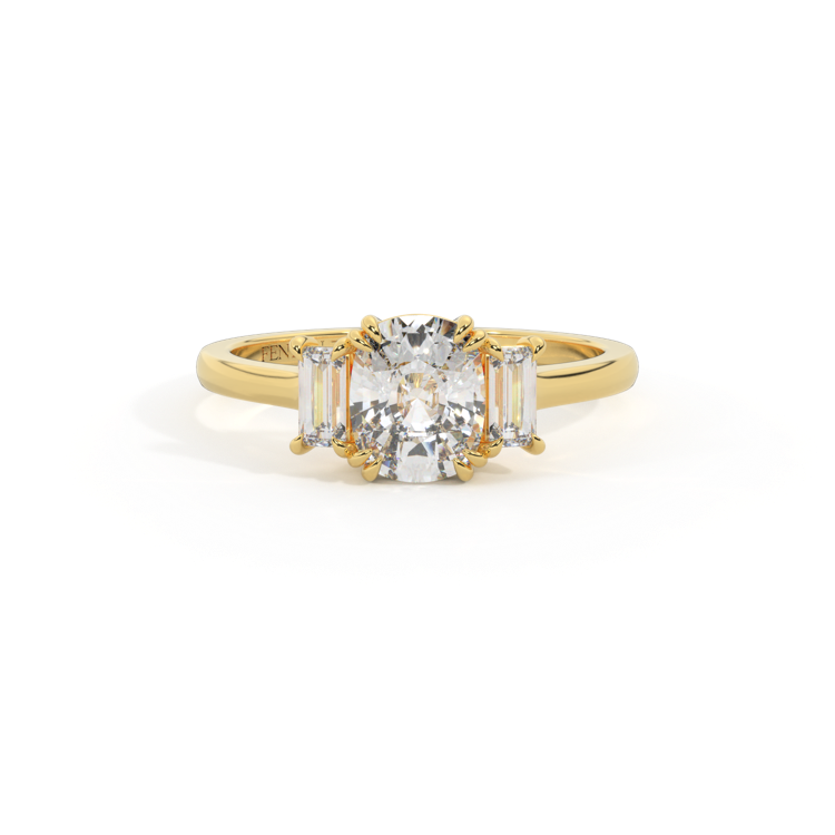 Naturally Mined Diamond Trilogy Elongated Cushion Cut Diamond 18k Yellow Gold Ring with Baguette Accents