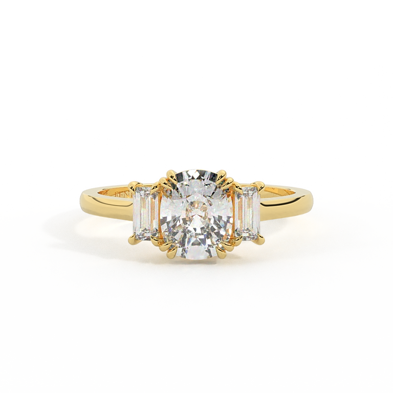Lab Grown Diamond Trilogy Elongated Cushion Cut Diamond 18k Yellow Gold Ring with Baguette Accents