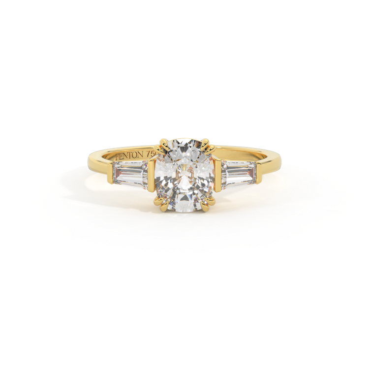 Naturally Mined Diamond Trilogy Elongated Cushion Cut Diamond 18k Yellow Gold Ring with Tapered Baguette Accents