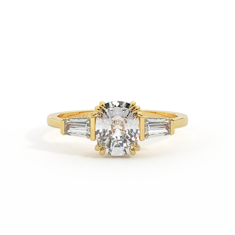 Lab Grown Diamond Trilogy Elongated Cushion Cut Diamond 18k Yellow Gold Ring with Tapered Baguette Accents