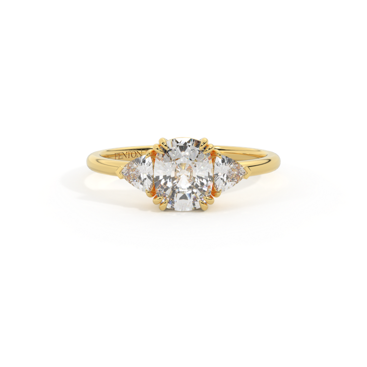 Lab Grown Diamond Trilogy Elongated Cushion Cut Diamond 18k Yellow Gold Ring with Trillion Accents