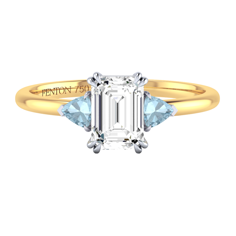 Naturally Mined Diamond Trilogy Emerald Cut Diamond and Aquamarine 18k Yellow Gold Ring