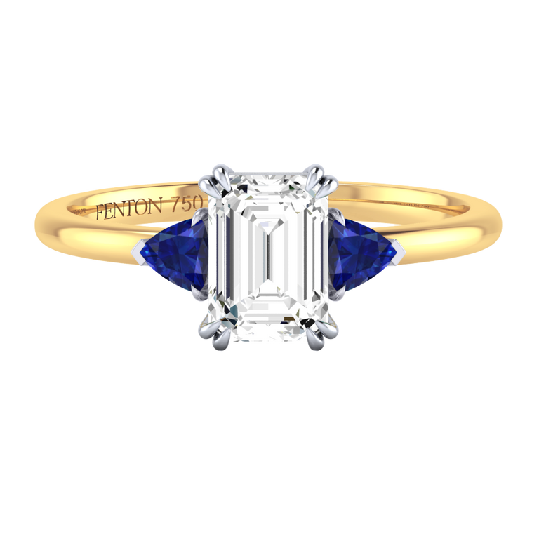 Naturally Mined Diamond Trilogy Emerald Cut Diamond and Blue Sapphire 18k Yellow Gold Ring