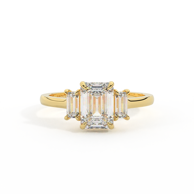 Lab Grown Diamond Trilogy Emerald Cut Diamond 18k Yellow Gold Ring with Baguette Accents