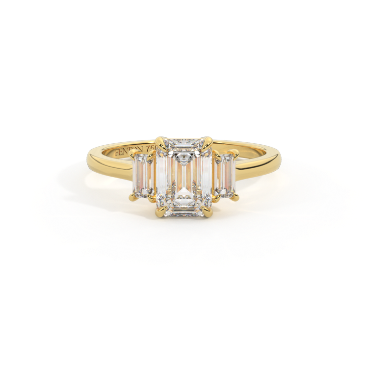 Lab Grown Diamond Trilogy Emerald Cut Diamond 18k Yellow Gold Ring with Baguette Accents