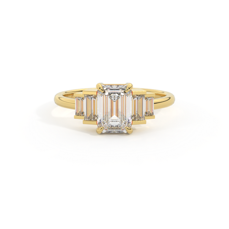 Lab Grown Diamond Trilogy Emerald Cut Diamond 18k Yellow Gold Ring with Double Baguette Accents