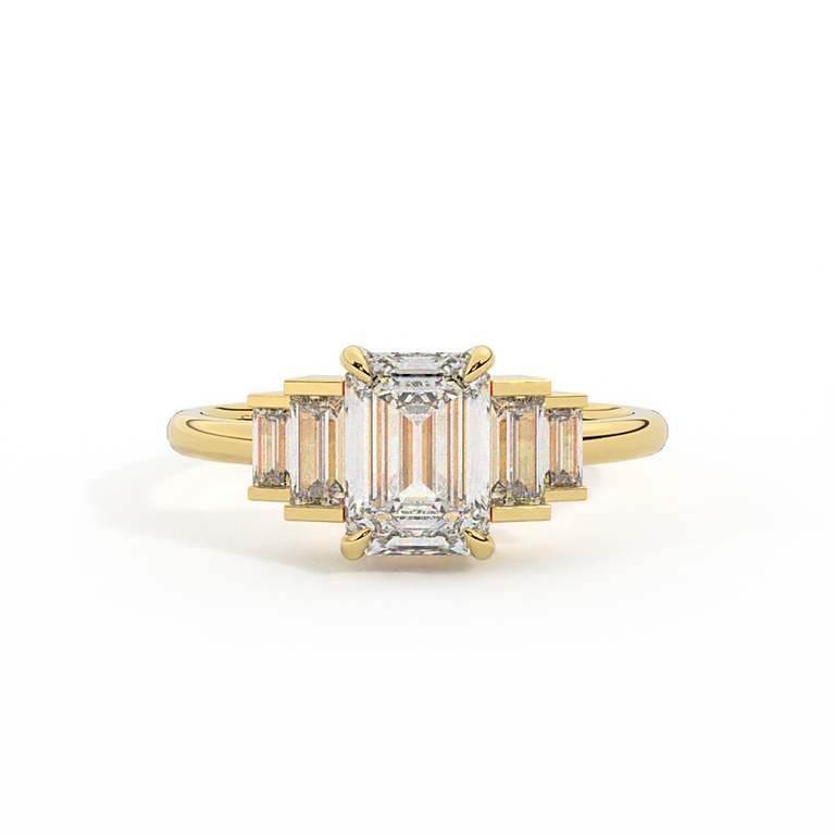 Lab Grown Diamond Trilogy Emerald Cut Diamond 18k Yellow Gold Ring with Double Baguette Accents
