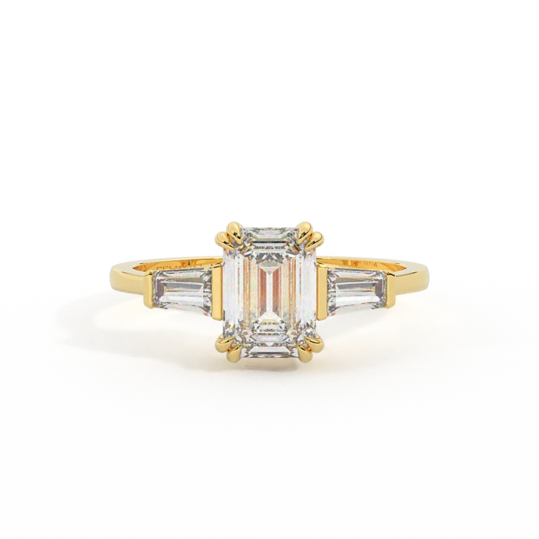 Lab Grown Diamond Trilogy Emerald Cut Diamond 18k Yellow Gold Ring with Tapered Baguette Accents