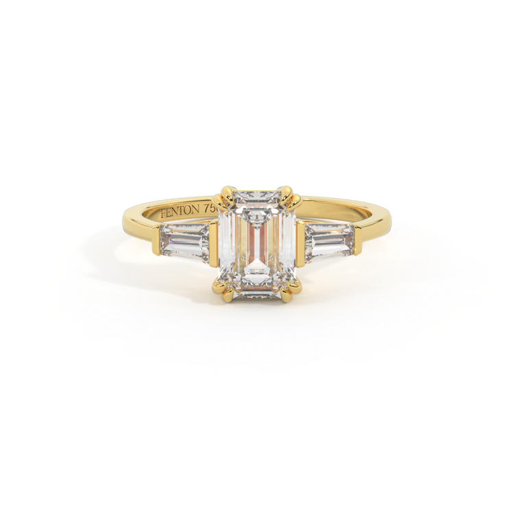 Lab Grown Diamond Trilogy Emerald Cut Diamond 18k Yellow Gold Ring with Tapered Baguette Accents