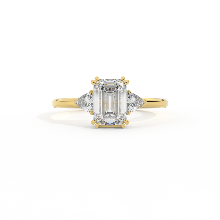 Lab Grown Diamond Trilogy Emerald Cut Diamond 18k Yellow Gold Ring with Trillion Accents