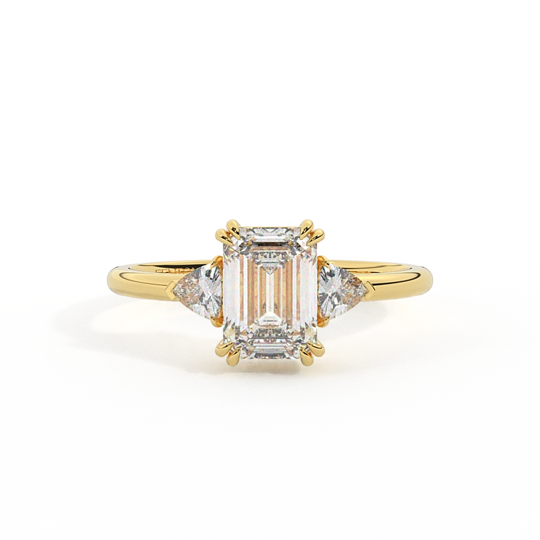Lab Grown Diamond Trilogy Emerald Cut Diamond 18k Yellow Gold Ring with Trillion Accents