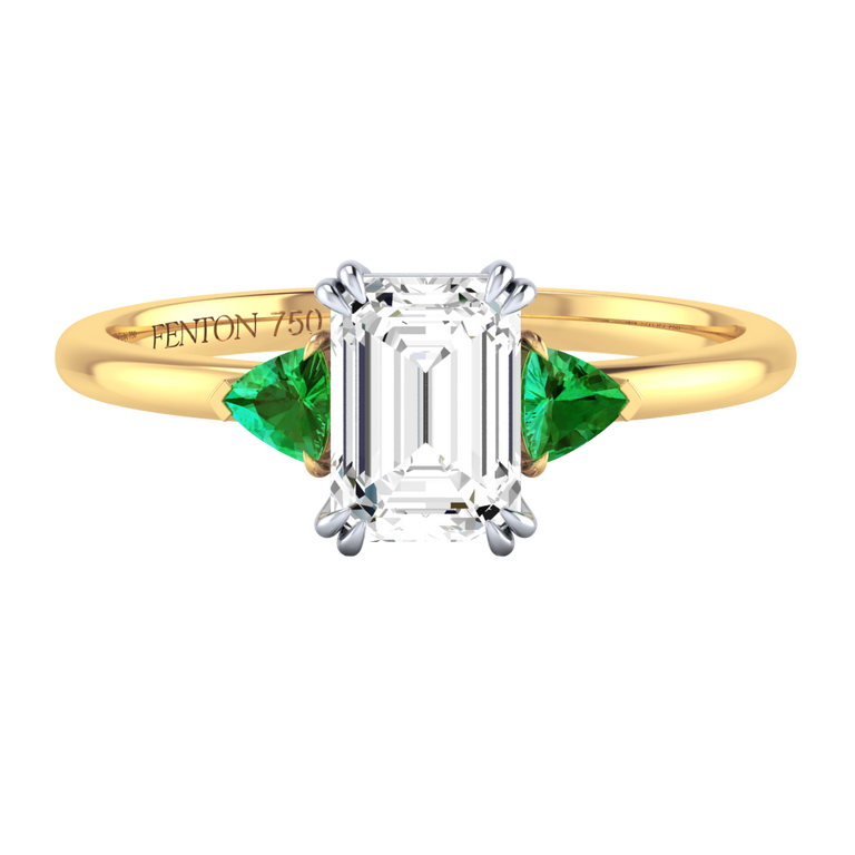 Lab Grown Diamond Trilogy Emerald Cut Diamond and Emerald 18k Yellow Gold Ring