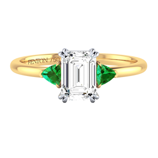 Lab Grown Solar Diamond Trilogy Emerald Cut Diamond and Emerald 18k Yellow Gold Ring