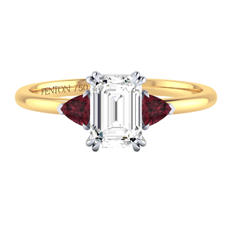 Naturally Mined Diamond Trilogy Emerald Cut Diamond and Garnet 18k Yellow Gold Ring