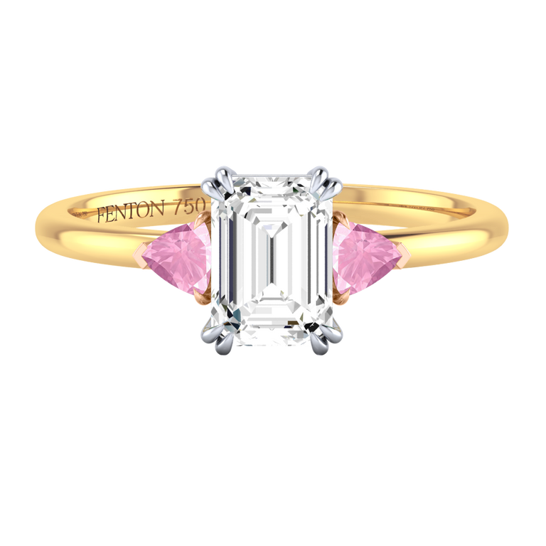 Lab Grown Solar Diamond Trilogy Emerald Cut Diamond and Pink Sapphire 18k Yellow Gold Ring