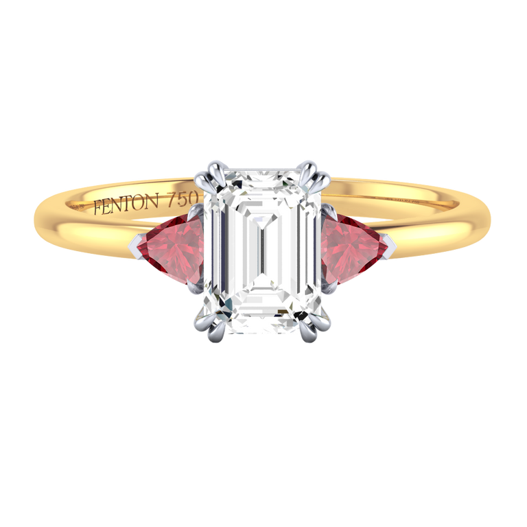Lab Grown Solar Diamond Trilogy Emerald Cut Diamond and Ruby 18k Yellow Gold Ring