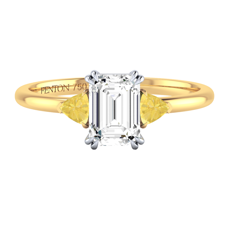 Naturally Mined Diamond Trilogy Emerald Cut Diamond and Yellow Sapphire 18k Yellow Gold Ring