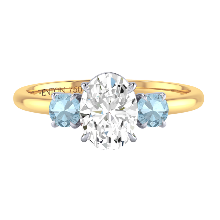 Naturally Mined Diamond Trilogy Oval Cut Diamond and Aquamarine 18k Yellow Gold Ring