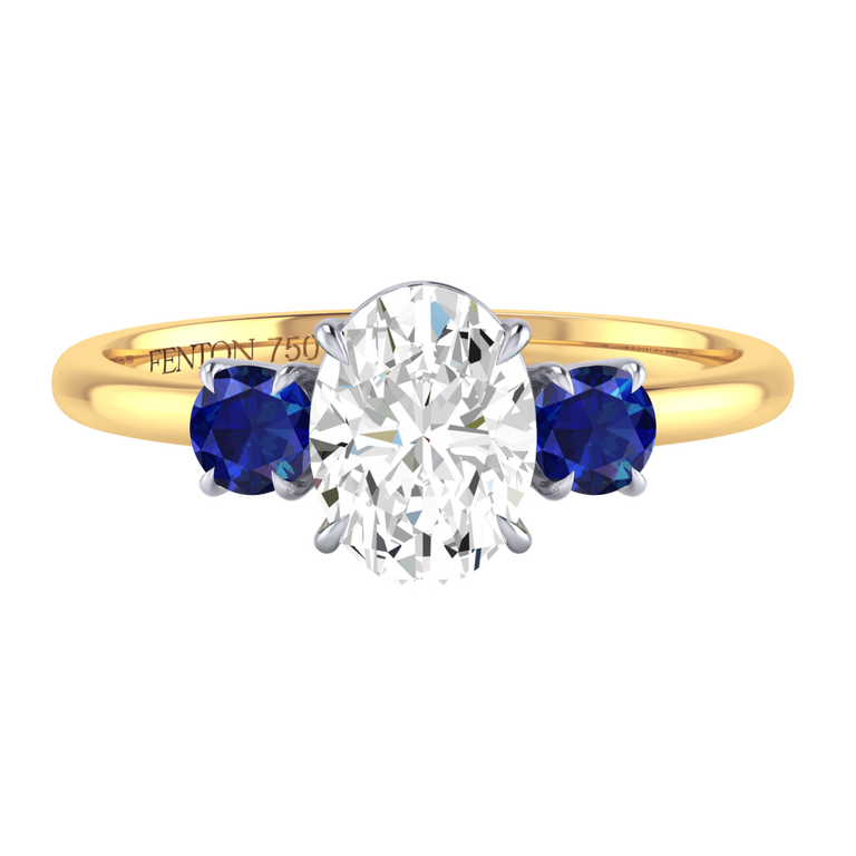 Naturally Mined Diamond Trilogy Oval Cut Diamond and Blue Sapphire 18k Yellow Gold Ring