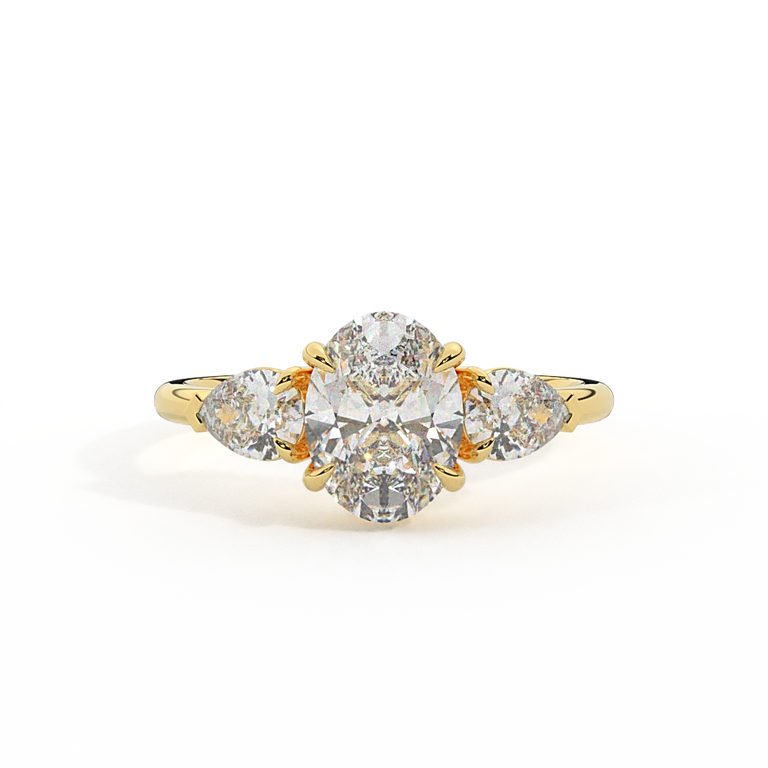 Naturally Mined Diamond Trilogy Oval Cut Diamond 18k Yellow Gold Ring with Pear Accents