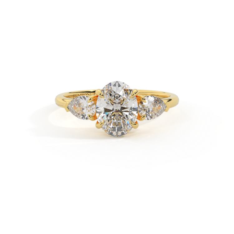 Naturally Mined Diamond Trilogy Oval Cut Diamond 18k Yellow Gold Ring with Pear Accents