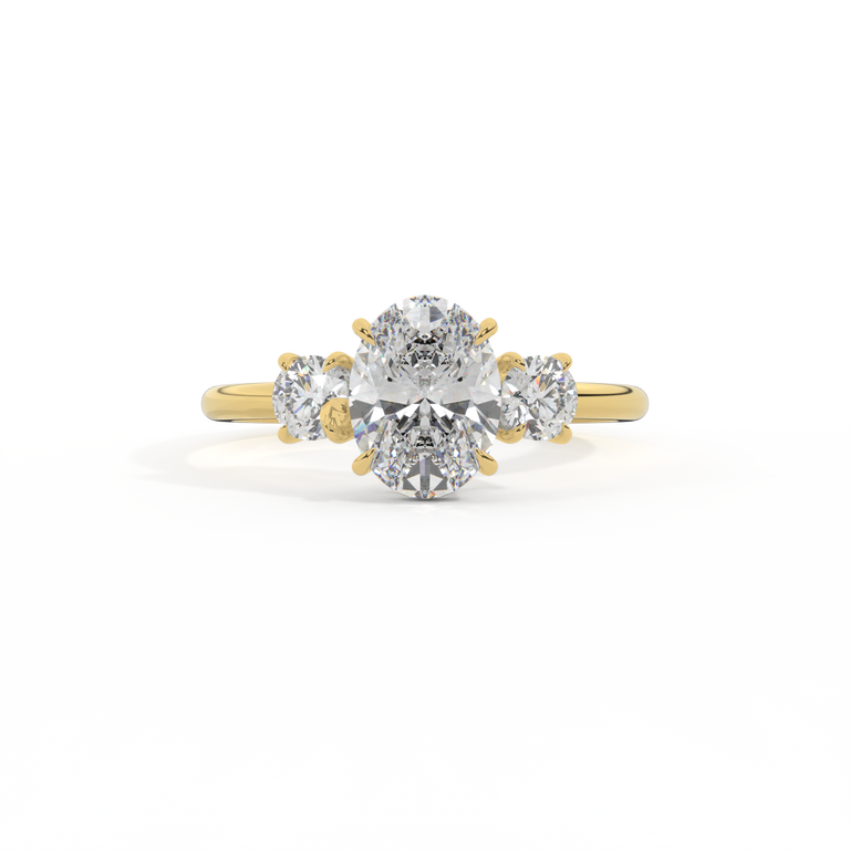 Naturally Mined Diamond Trilogy Oval Cut Diamond 18k Yellow Gold Ring with Round Accents