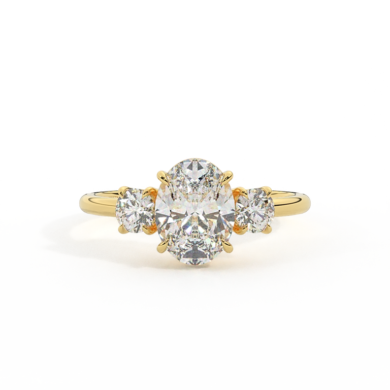 Lab Grown Diamond Trilogy Oval Cut Diamond 18k Yellow Gold Ring with Round Accents
