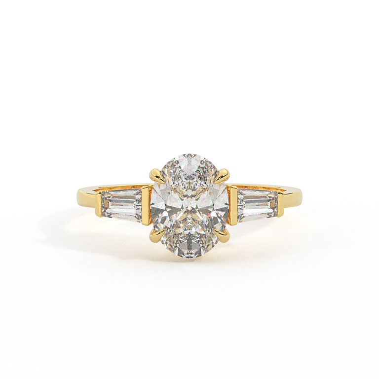Lab Grown Diamond Trilogy Oval Cut Diamond 18k Yellow Gold Ring with Tapered Baguette Accents
