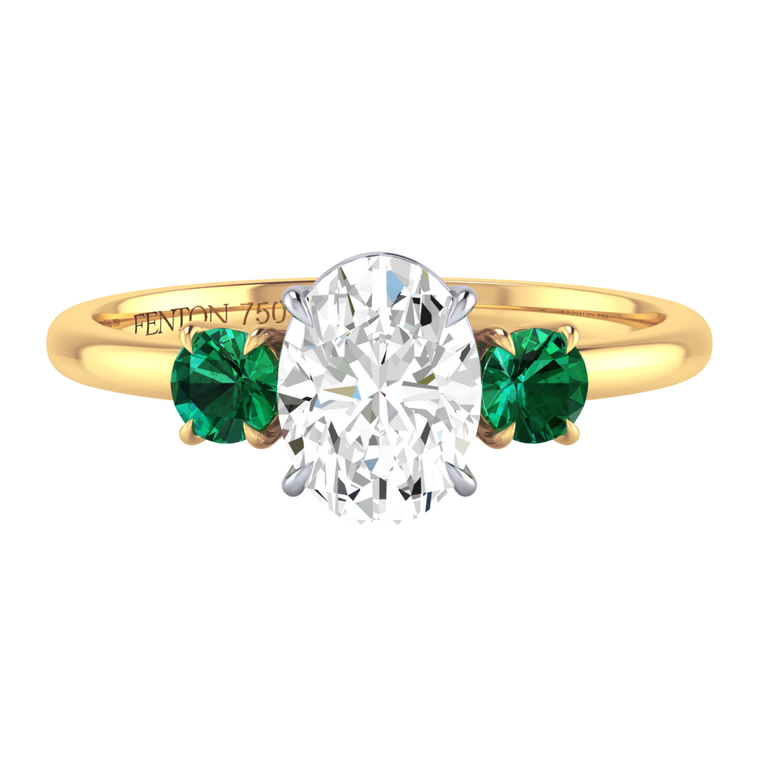 Naturally Mined Diamond Trilogy Oval Cut Diamond and Emerald 18k Yellow Gold Ring