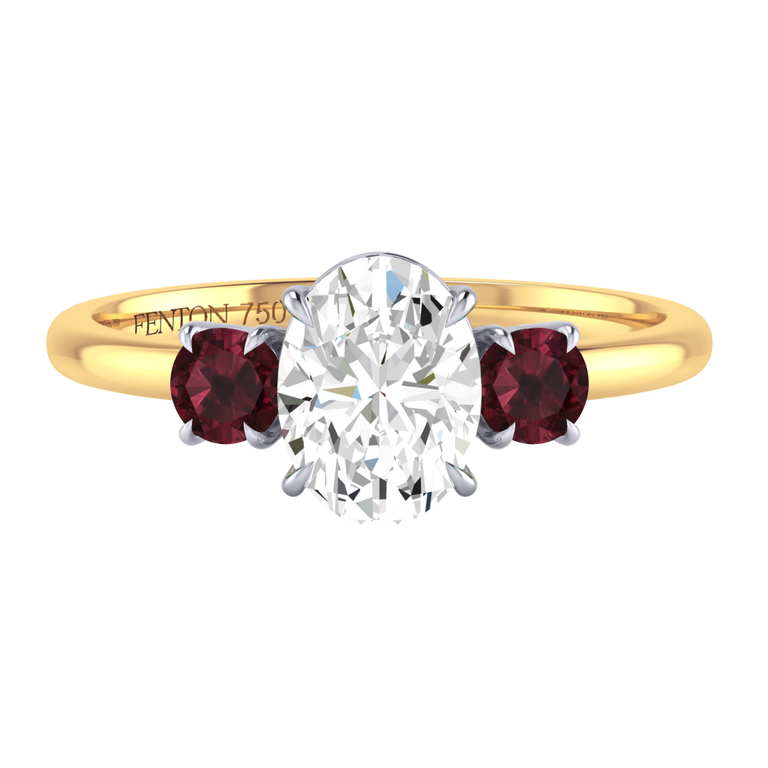 Naturally Mined Diamond Trilogy Oval Cut Diamond and Garnet 18k Yellow Gold Ring