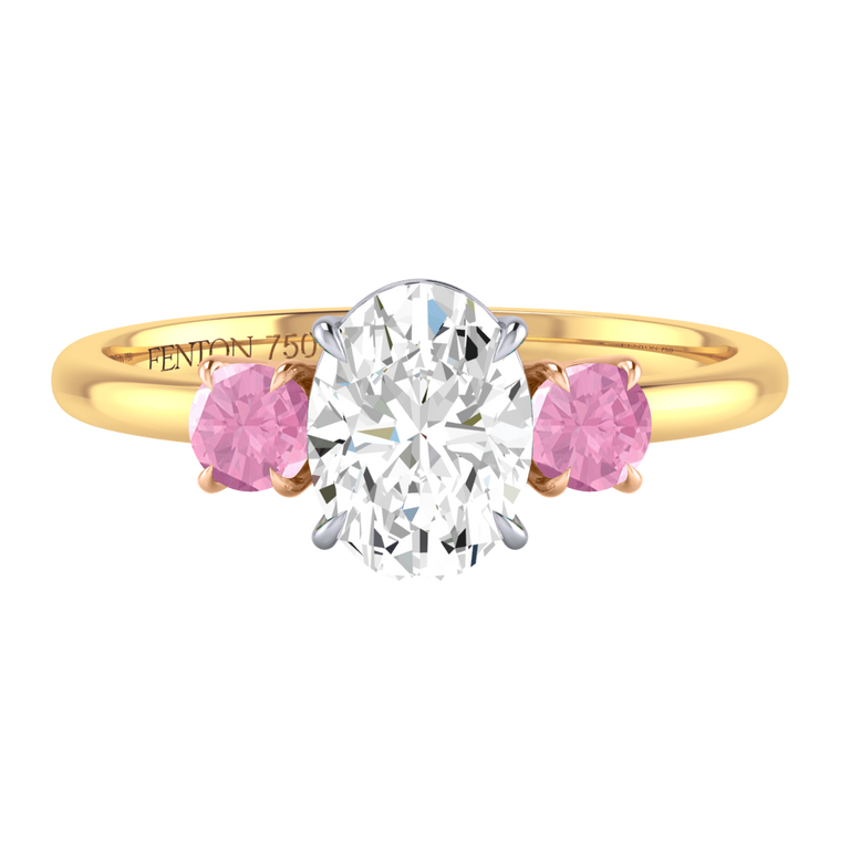 Naturally Mined Diamond Trilogy Oval Cut Diamond and Pink Sapphire 18k Yellow Gold Ring