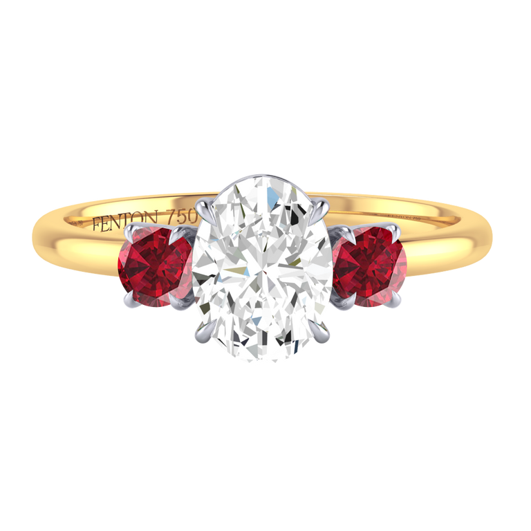 Lab Grown Diamond Trilogy Oval Cut Diamond and Ruby 18k Yellow Gold Ring