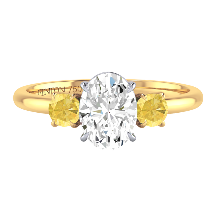 Naturally Mined Diamond Trilogy Oval Cut Diamond and Yellow Sapphire 18k Yellow Gold Ring