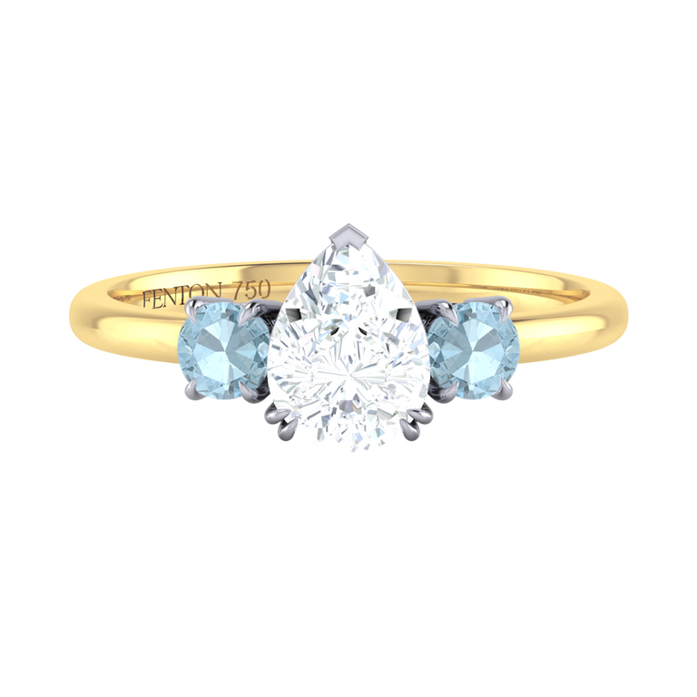 Naturally Mined Diamond Trilogy Pear Cut Diamond and Aquamarine 18k Yellow Gold Ring