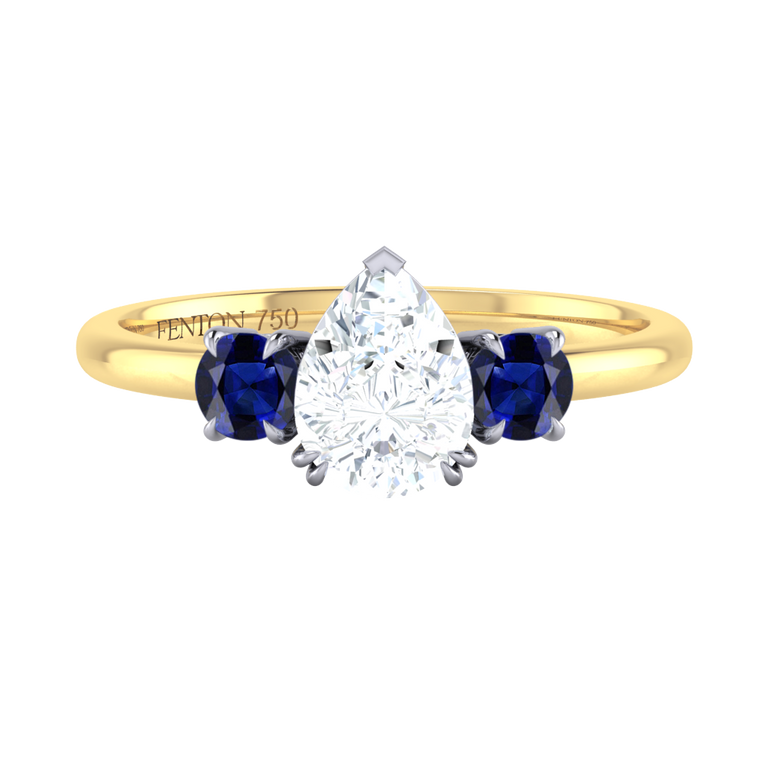 Lab Grown Diamond Trilogy Pear Cut Diamond and Blue Sapphire 18k Yellow Gold Ring