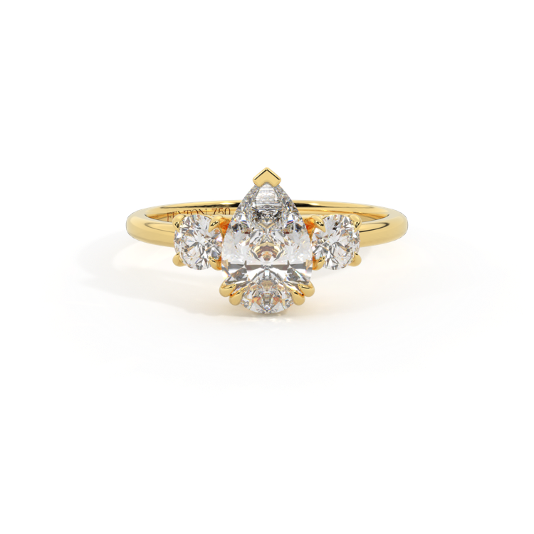 Lab Grown Diamond Trilogy Pear Cut Diamond 18k Yellow Gold Ring with Round Accents