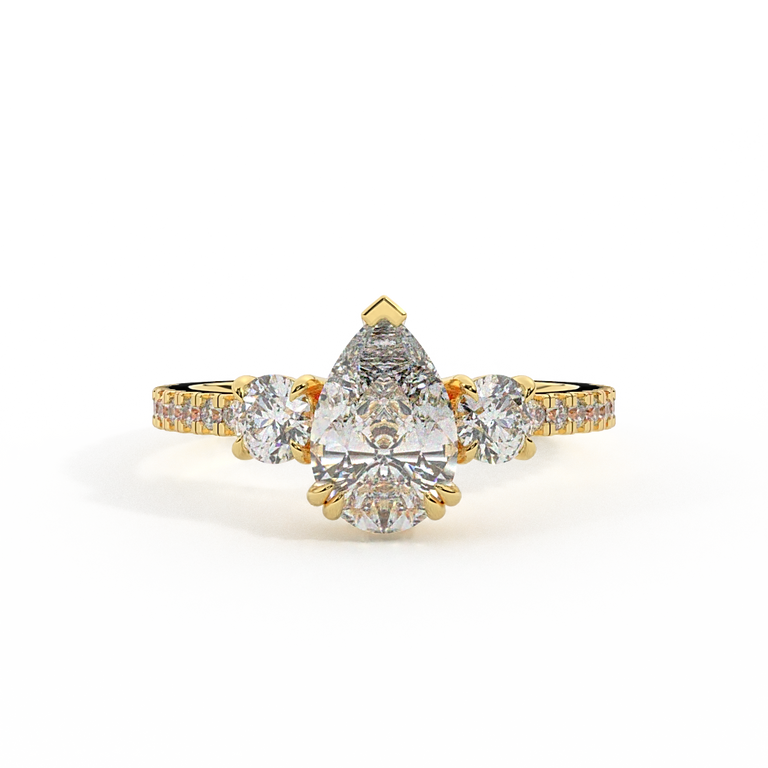 Lab Grown Diamond Trilogy Pear Cut Diamond 18k Yellow Gold Ring with Round Accents