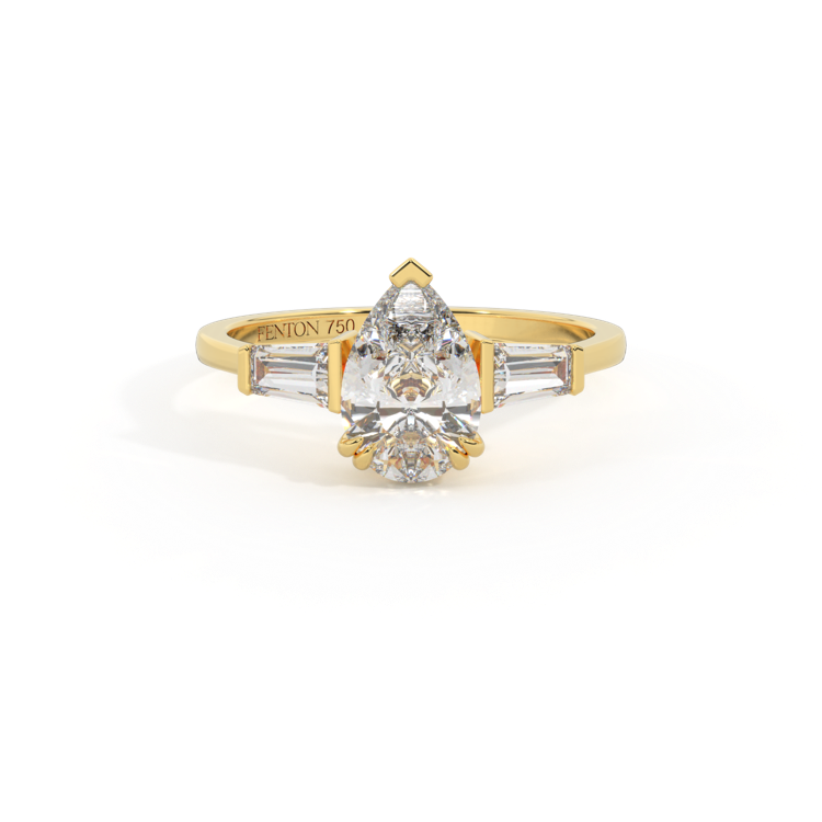 Lab Grown Diamond Trilogy Pear Cut Diamond 18k Yellow Gold Ring with Tapered Baguette Accents