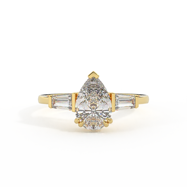 Lab Grown Diamond Trilogy Pear Cut Diamond 18k Yellow Gold Ring with Tapered Baguette Accents