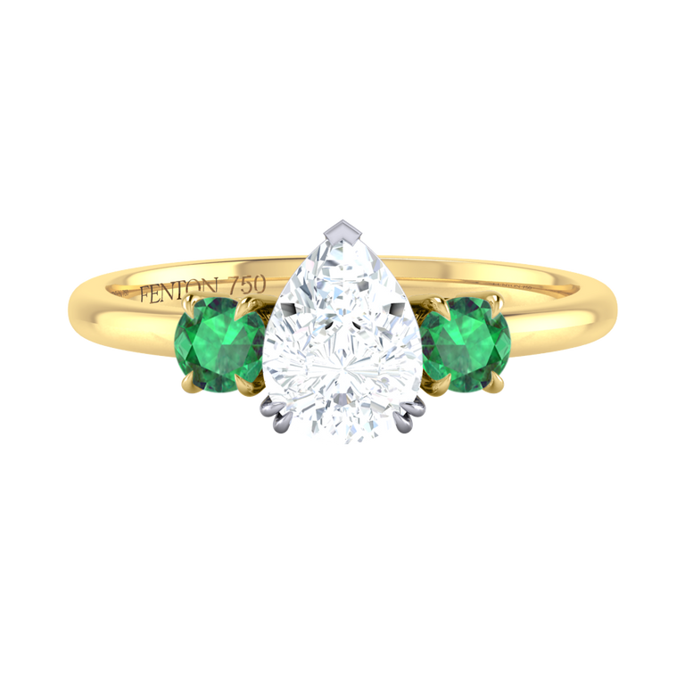 Naturally Mined Diamond Trilogy Pear Cut Diamond and Emerald 18k Yellow Gold Ring