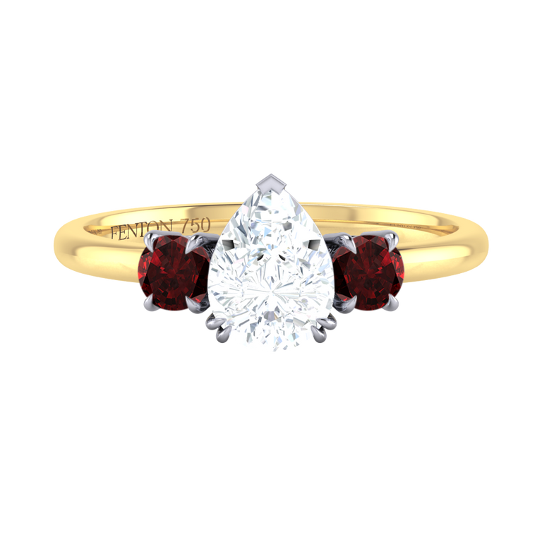 Lab Grown Diamond Trilogy Pear Cut Diamond and Garnet 18k Yellow Gold Ring