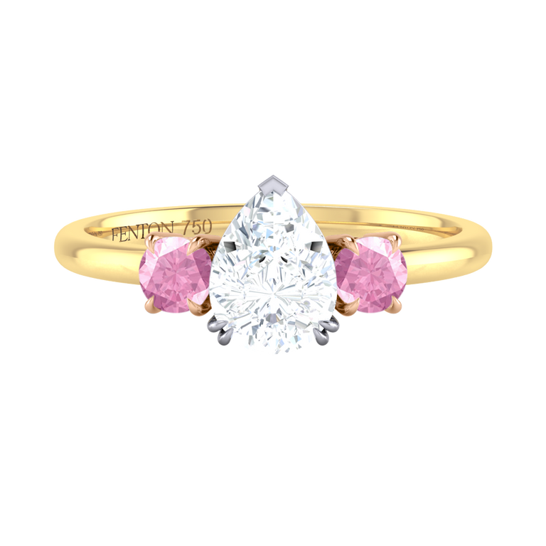 Naturally Mined Diamond Trilogy Pear Cut Diamond and Pink Sapphire 18k Yellow Gold Ring