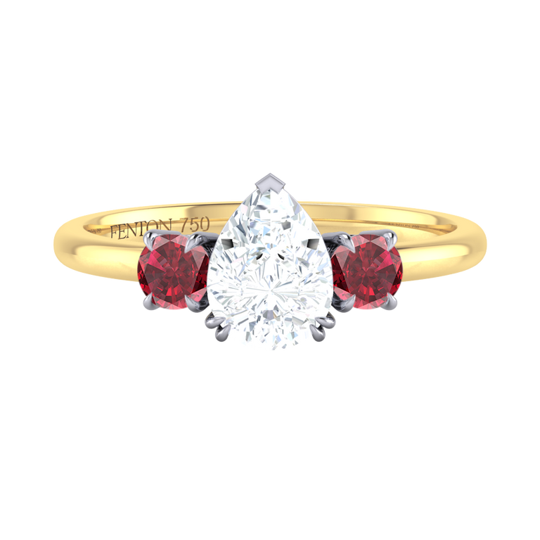 Lab Grown Diamond Trilogy Pear Cut Diamond and Ruby 18k Yellow Gold Ring