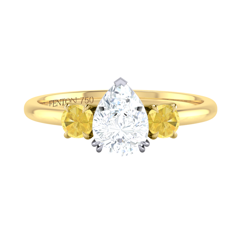 Lab Grown Solar Diamond Trilogy Pear Cut Diamond and Yellow Sapphire 18k Yellow Gold Ring