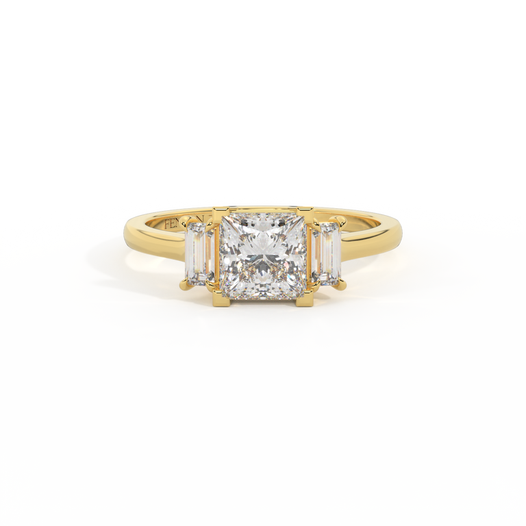 Lab Grown Diamond Trilogy Princess Cut Diamond 18k Yellow Gold Ring with Baguette Accents