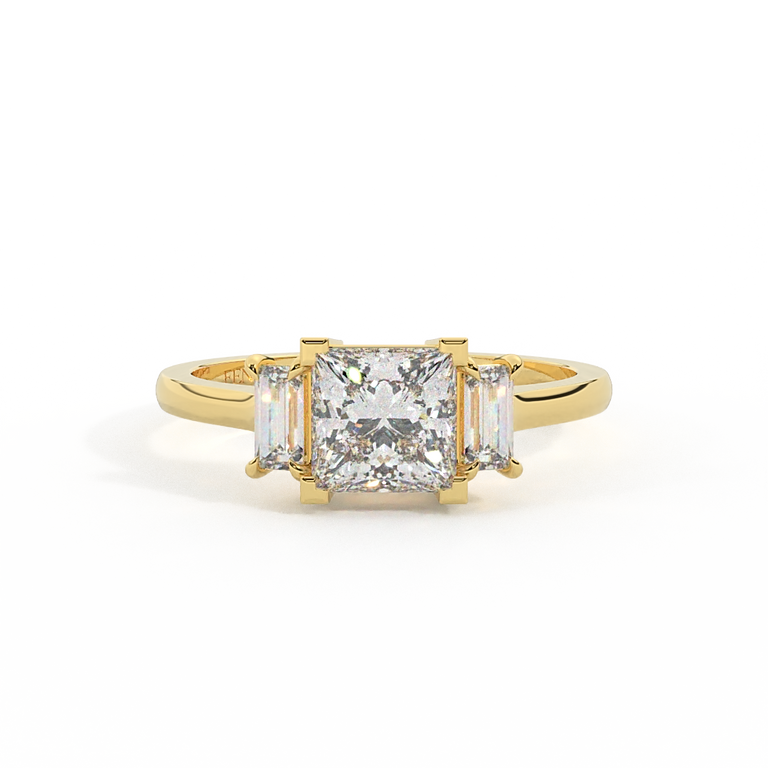 Lab Grown Diamond Trilogy Princess Cut Diamond 18k Yellow Gold Ring with Baguette Accents
